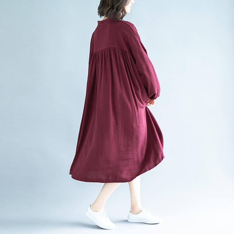 Organic burgundy linen clothes For Women Fashion Ideas stand collar exra large hem Dress - Omychic