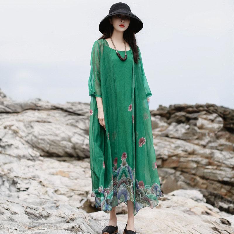 Organic cardigan half sleeve dresses Runway green print Dresses summer - Omychic