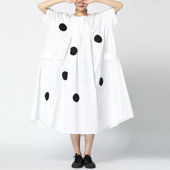 Organic cotton blended Wardrobes Stitches Dots Loose Round Neck Retro Midi Dress - Omychic