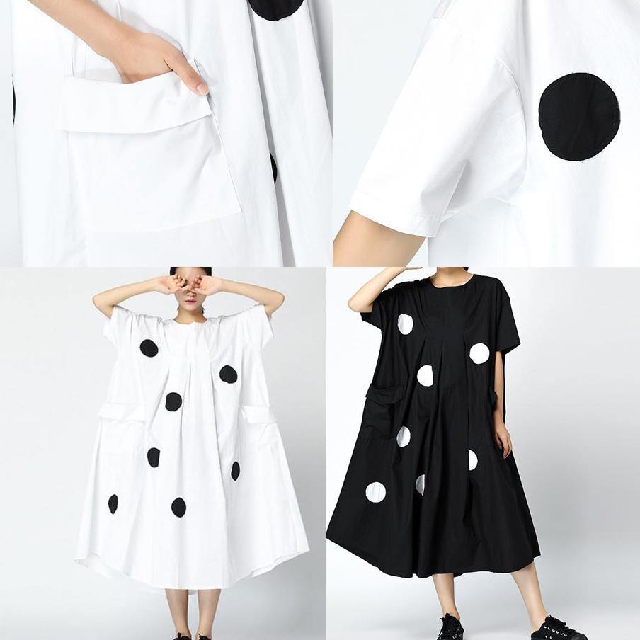 Organic cotton blended Wardrobes Stitches Dots Loose Round Neck Retro Midi Dress - Omychic