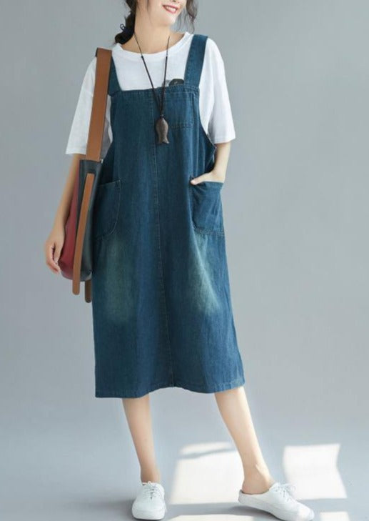 Organic denim blue Cotton dresses Casual Catwalk Spaghetti Strap Plus Size Dress - Omychic
