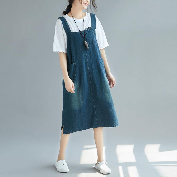 Organic denim blue Cotton dresses Casual Catwalk Spaghetti Strap Plus Size Dress - Omychic