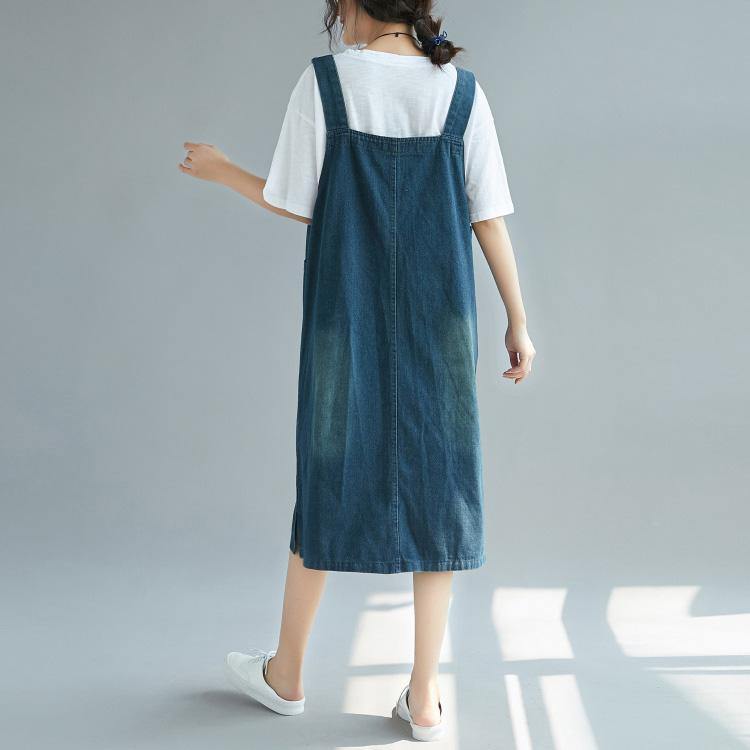 Organic denim blue Cotton dresses Casual Catwalk Spaghetti Strap Plus Size Dress - Omychic