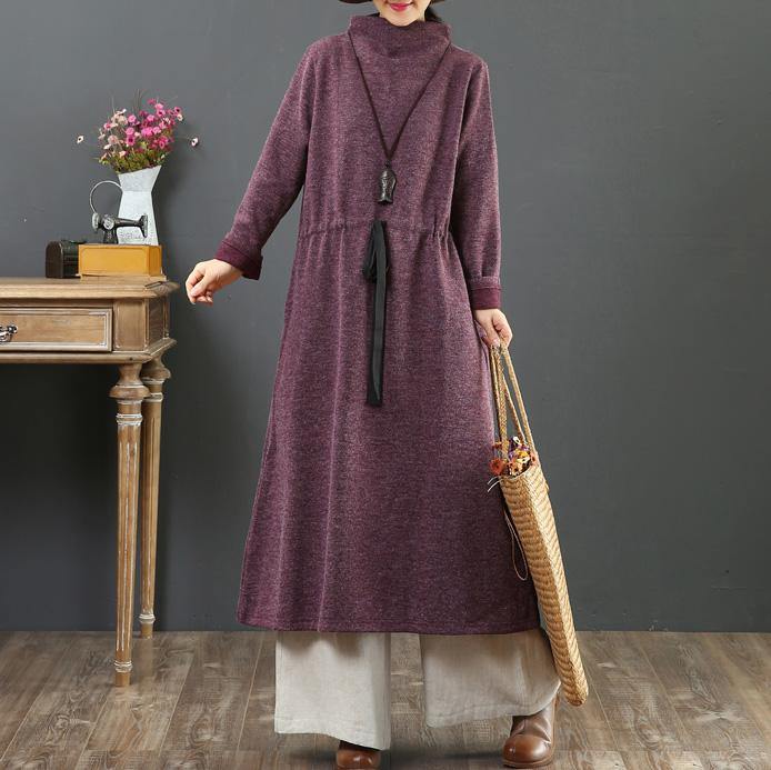 Organic drawstring cotton high neck quilting dresses Sleeve burgundy Dress - Omychic