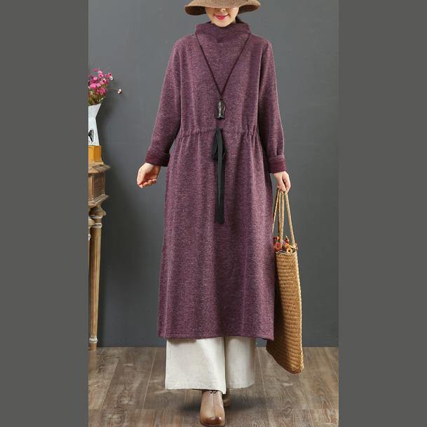 Organic drawstring cotton high neck quilting dresses Sleeve burgundy Dress - Omychic