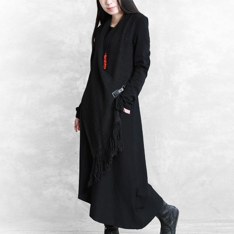 Organic false two pieces cotton asymmetric quilting clothes Fabrics black A Line Dresses - Omychic