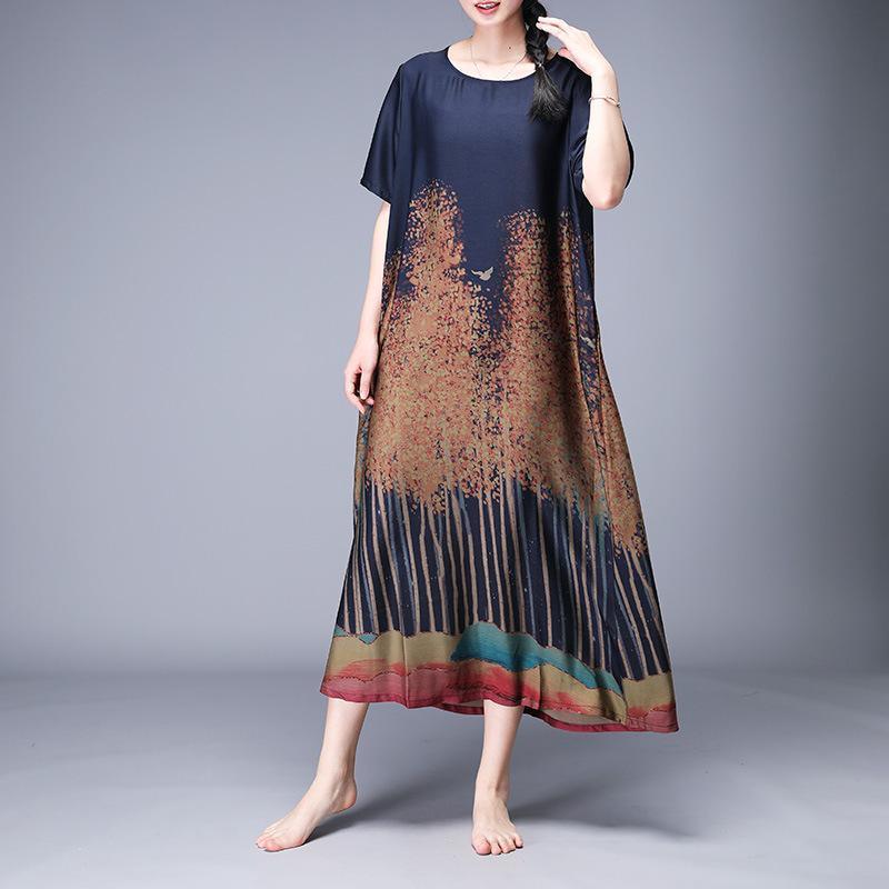 Organic fashion tunics for women Pakistani O-Neck Summer High Quality Print Silk Dress - Omychic