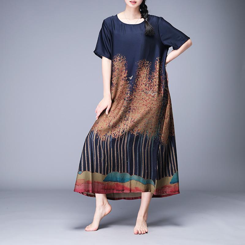 Organic fashion tunics for women Pakistani O-Neck Summer High Quality Print Silk Dress - Omychic