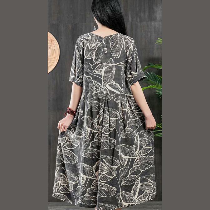 Organic Gray Floral Cotton Tunics For Women O Neck Wrinkled Short Patchwork Summer Dresses ( Limited Stock) - Omychic