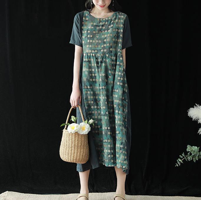 Organic green print linen dresses o neck patchwork linen robes summer Dresses - Omychic