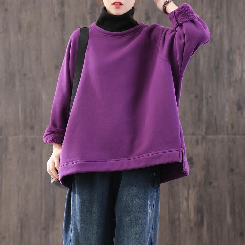 Organic high neck cotton side open linen tops women blouses pattern purple winter shirts - Omychic