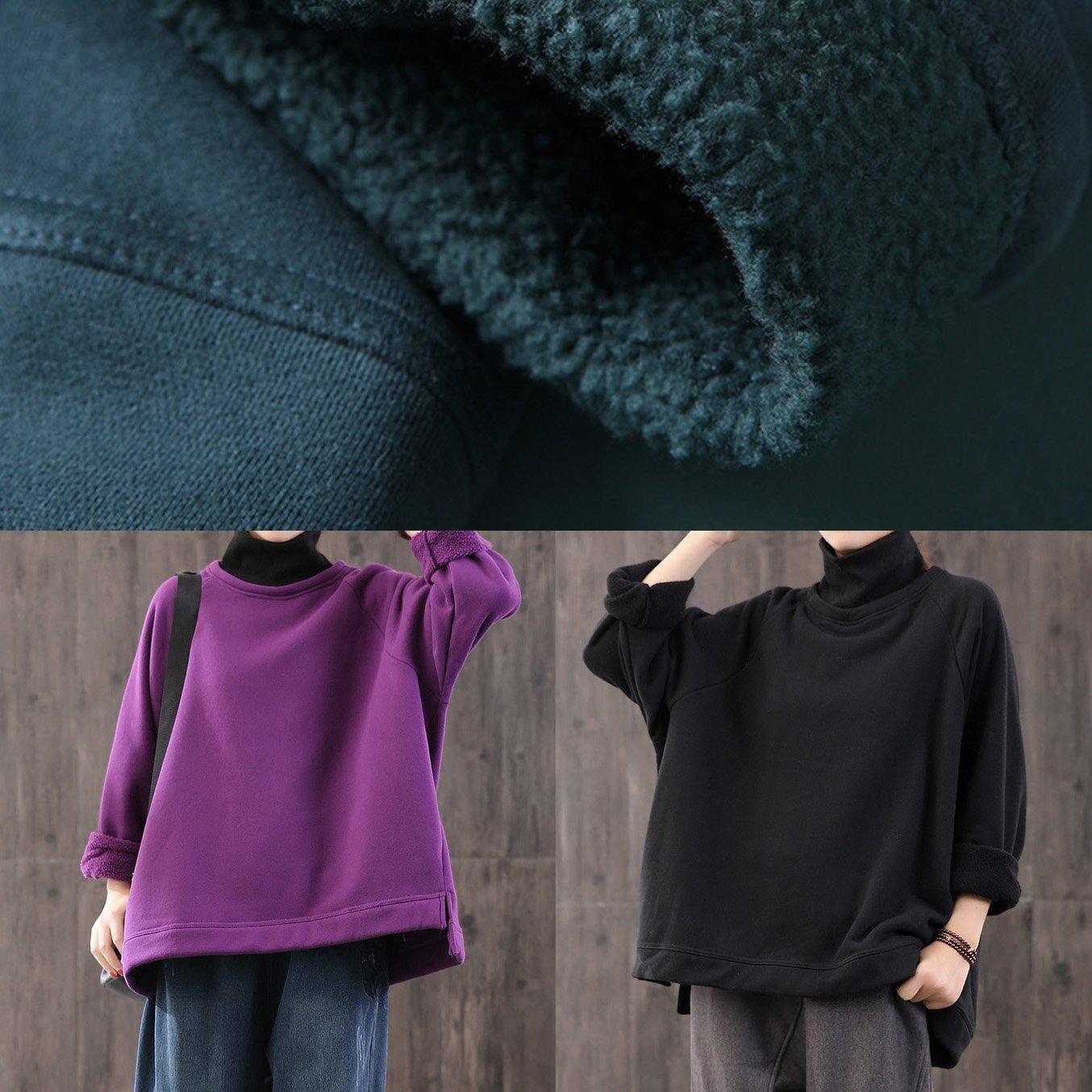 Organic high neck cotton side open linen tops women blouses pattern purple winter shirts - Omychic