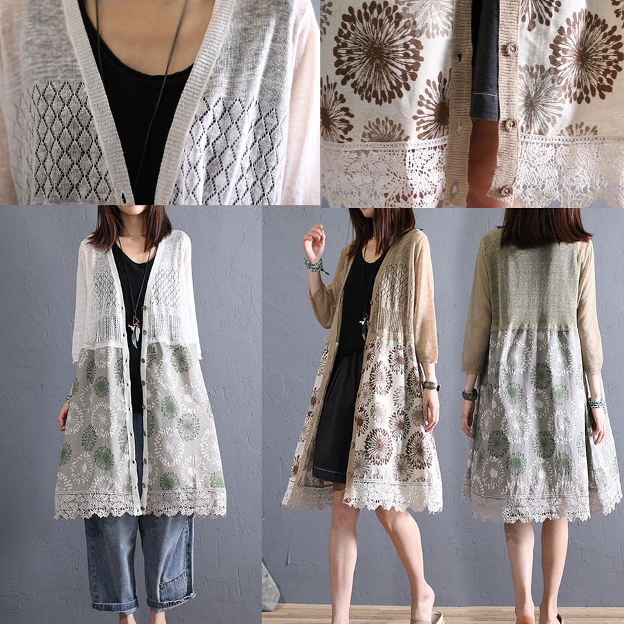 Organic khaki v neck linen clothes For Women lace patchwork Midi summer cardigan - Omychic
