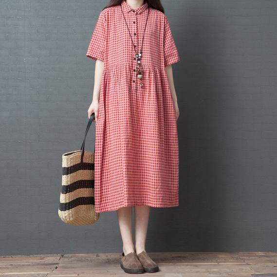 Organic lapel Button Down linen cotton Robes Outfits red grid Dresses summer - Omychic