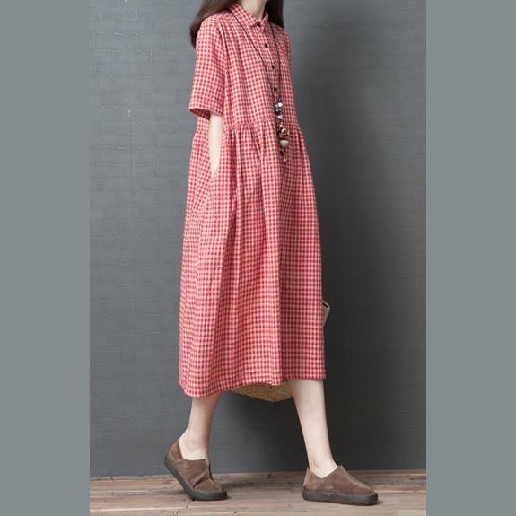 Organic lapel Button Down linen cotton Robes Outfits red grid Dresses summer - Omychic