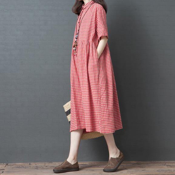 Organic lapel Button Down linen cotton Robes Outfits red grid Dresses summer - Omychic