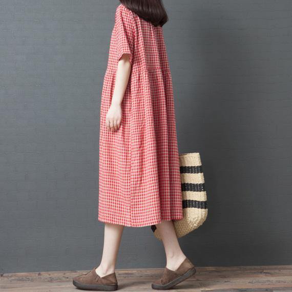 Organic lapel Button Down linen cotton Robes Outfits red grid Dresses summer - Omychic