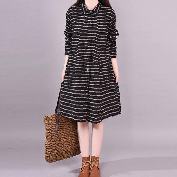 Organic lapel baggy Cotton dresses Wardrobes black striped Dresses - Omychic