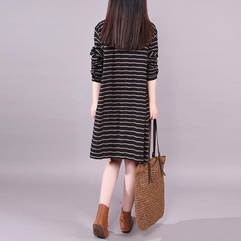 Organic lapel baggy Cotton dresses Wardrobes black striped Dresses - Omychic