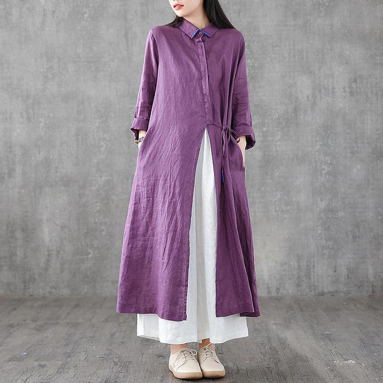 Organic lapel drawstring linen dresses Fashion Ideas purple Dress - Omychic