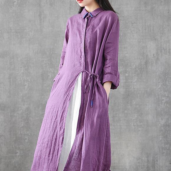 Organic lapel drawstring linen dresses Fashion Ideas purple Dress - Omychic