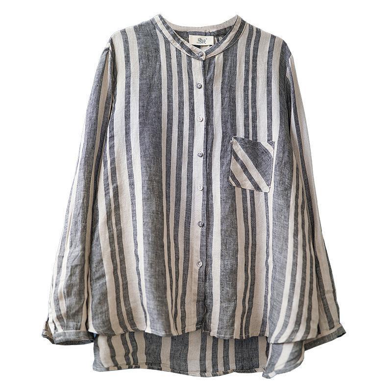 Organic linen clothes For Women Cotton Linen Stripe Single Breasted Shirt - Omychic