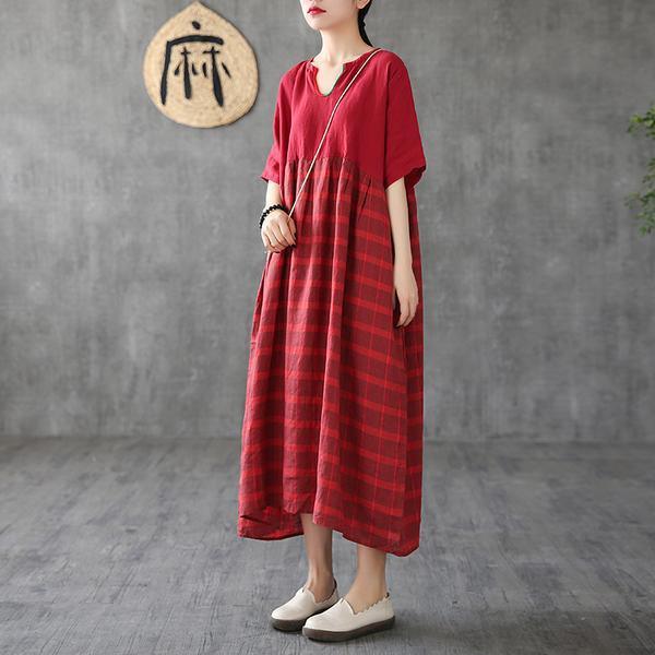 Organic linen clothes For Women Vintage Summer red Striped Maxi Half Sleeve Dress - Omychic