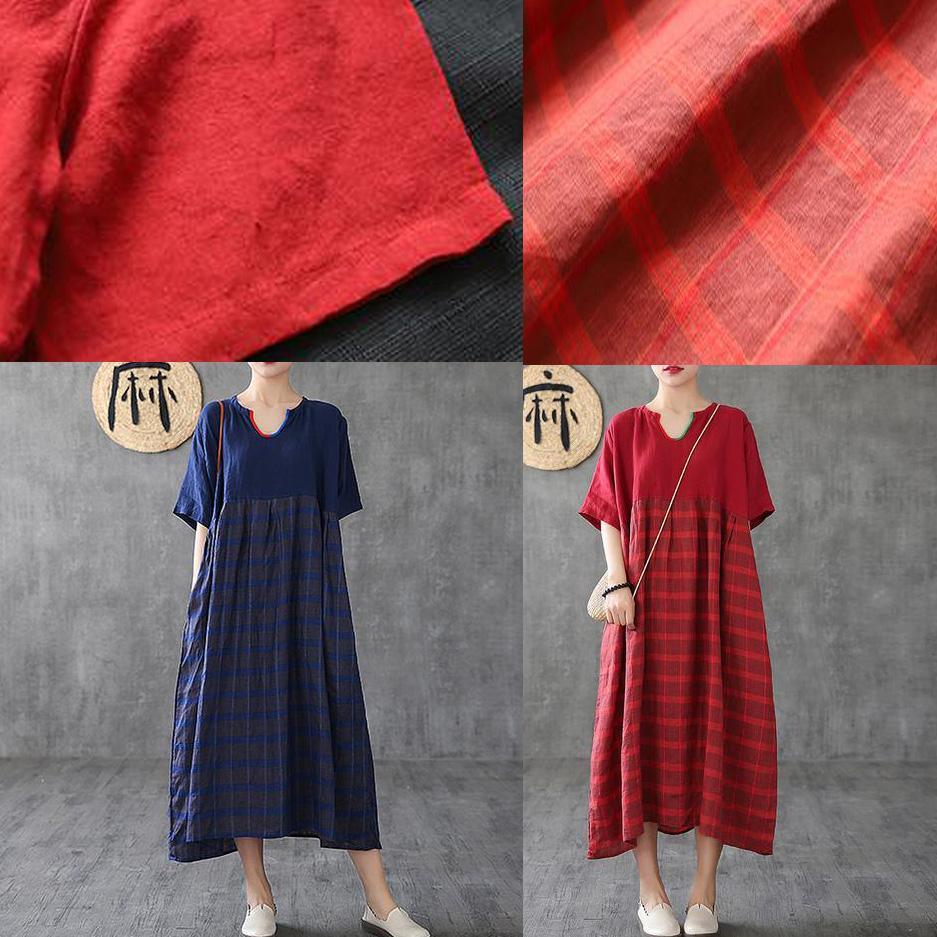 Organic linen clothes For Women Vintage Summer red Striped Maxi Half Sleeve Dress - Omychic