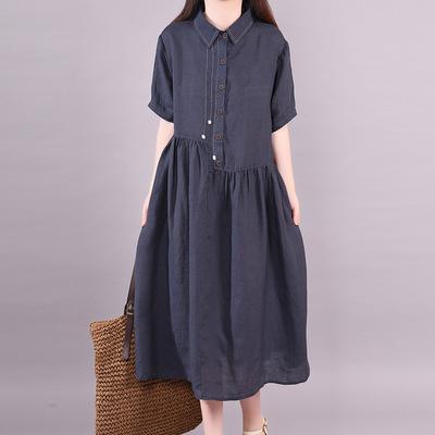 Organic linen cotton dresses Korea POLO Collar Loose Dress - Omychic