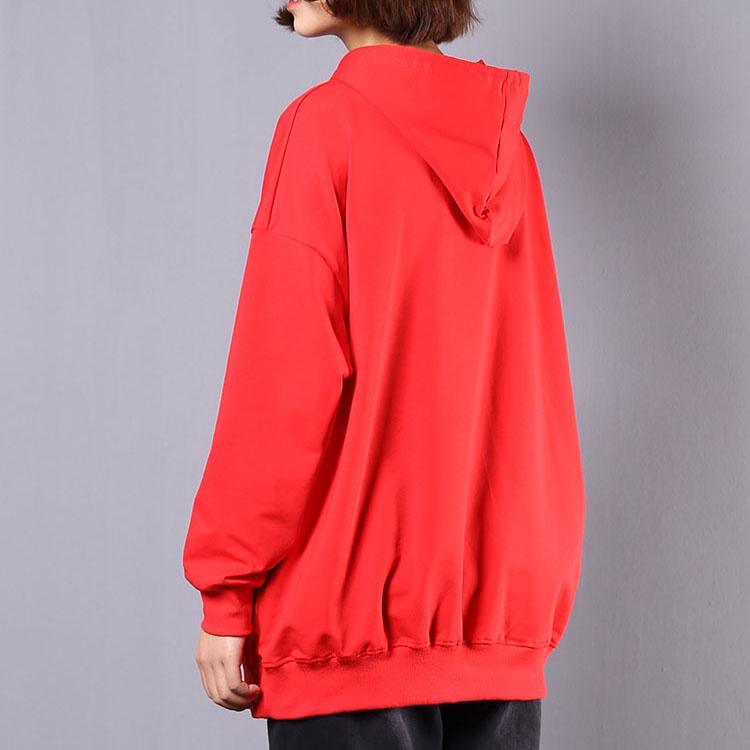Organic long sleeve cotton tunic top Work Outfits red hooded top fall - Omychic