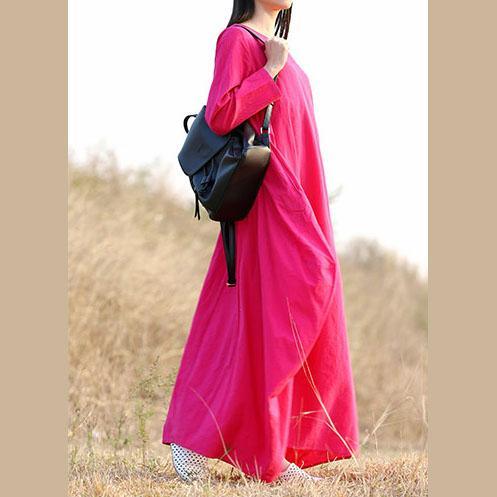 Organic long sleeve linen Robes Runway rose o neck Dresses autumn - Omychic
