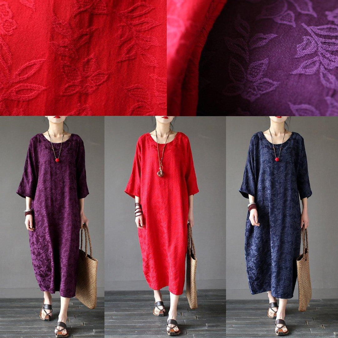 Organic navy jacquard linen dress Pakistani Life linen robes Three Quarter sleeve o neck Dresses - Omychic