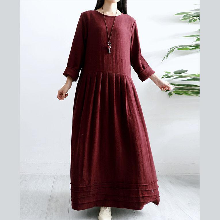 Organic o neck cotton dresses Work burgundy Maxi Dresses fall - Omychic