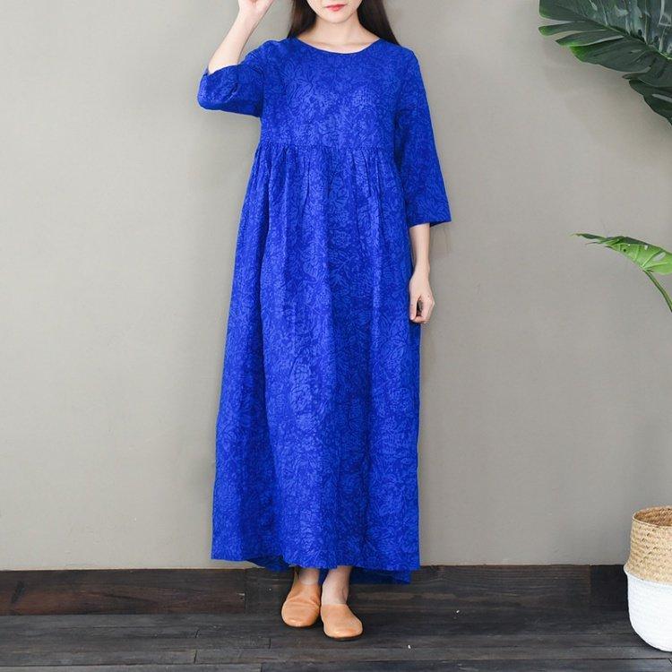 Organic o neck cotton jacquard quilting dresses Sleeve blue cotton Dresses - Omychic