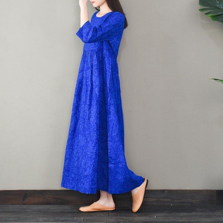 Organic o neck cotton jacquard quilting dresses Sleeve blue cotton Dresses - Omychic