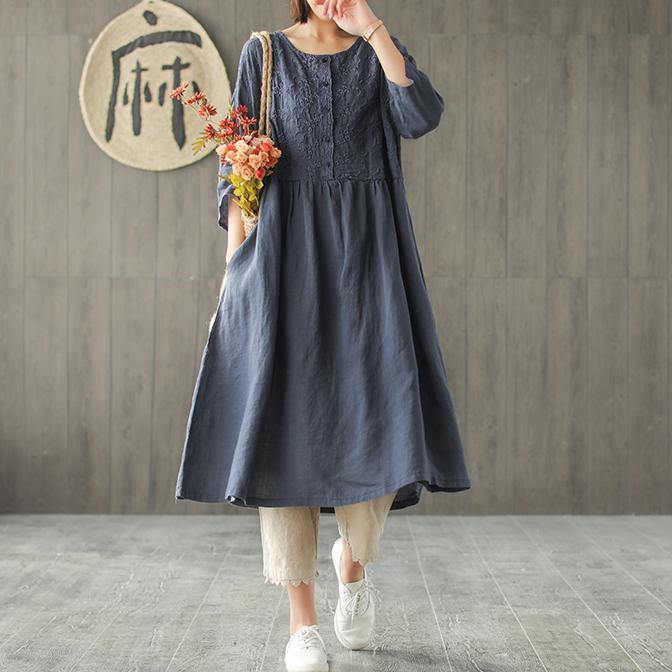 Organic o neck half sleeve Linen For Women Photography navy embroidery Dress summer - Omychic