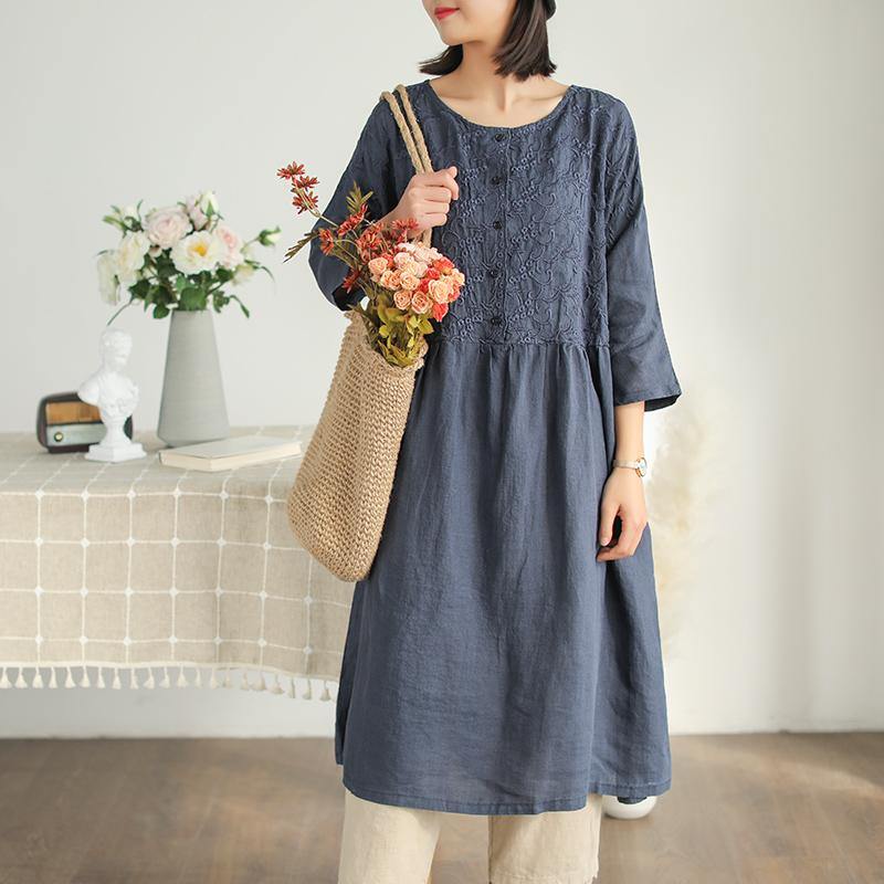 Organic o neck half sleeve Linen For Women Photography navy embroidery Dress summer - Omychic