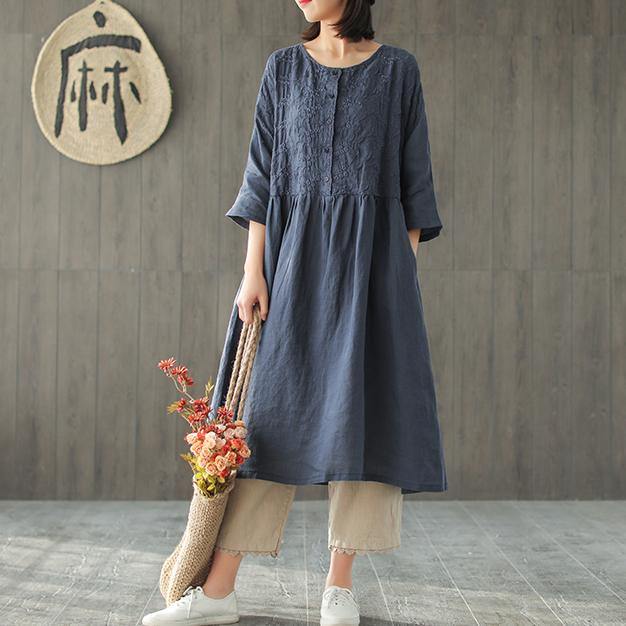 Organic o neck half sleeve Linen For Women Photography navy embroidery Dress summer - Omychic
