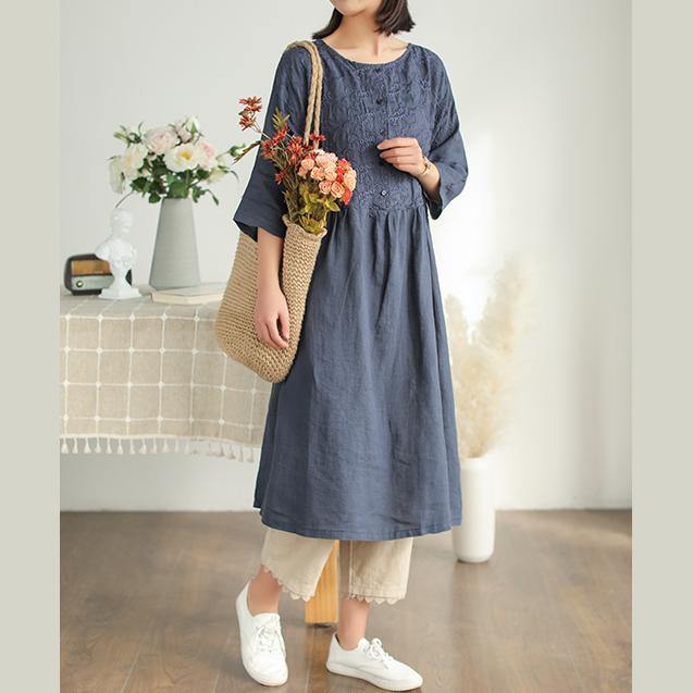 Organic o neck half sleeve Linen For Women Photography navy embroidery Dress summer - Omychic