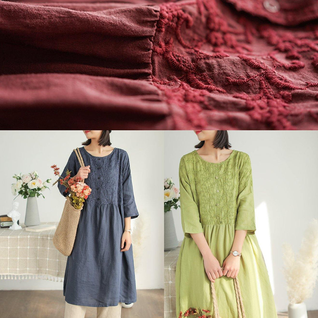 Organic o neck half sleeve Linen For Women Photography navy embroidery Dress summer - Omychic