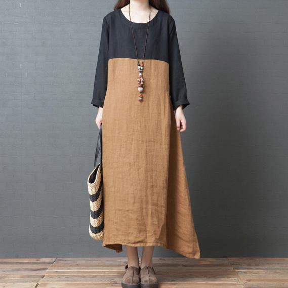 Organic o neck patchwork asymmetric linen clothes For Women Fashion Work khaki Maxi Dress - Omychic