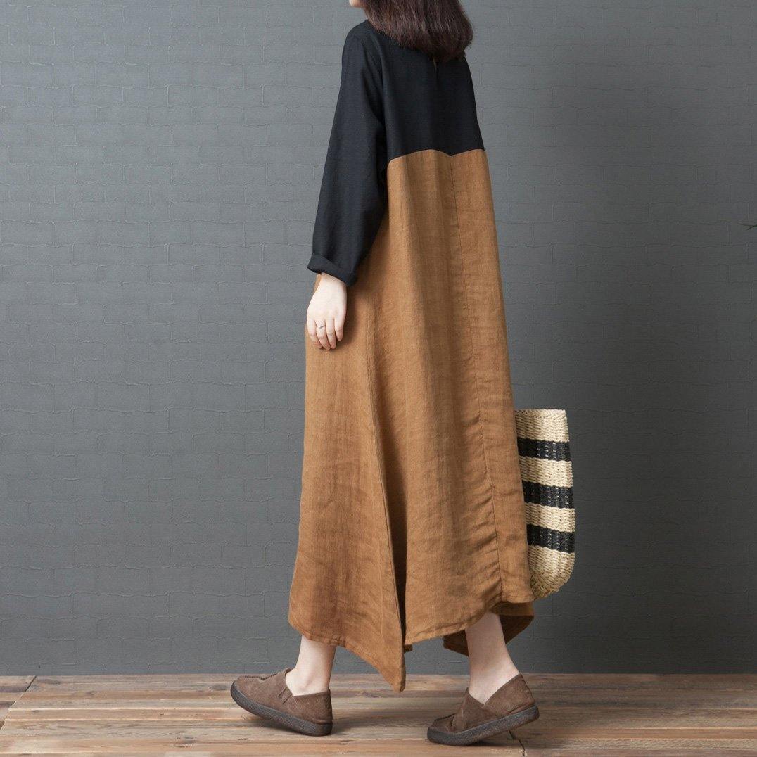Organic o neck patchwork asymmetric linen clothes For Women Fashion Work khaki Maxi Dress - Omychic