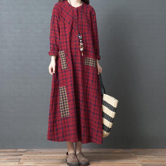 Organic o neck patchwork cotton linen dress Plus Size linen red plaid Plus Size Clothing Dresses spring - Omychic