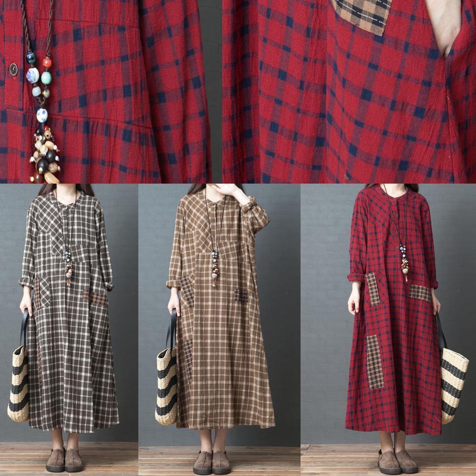 Organic o neck patchwork cotton linen dress Plus Size linen red plaid Plus Size Clothing Dresses spring - Omychic