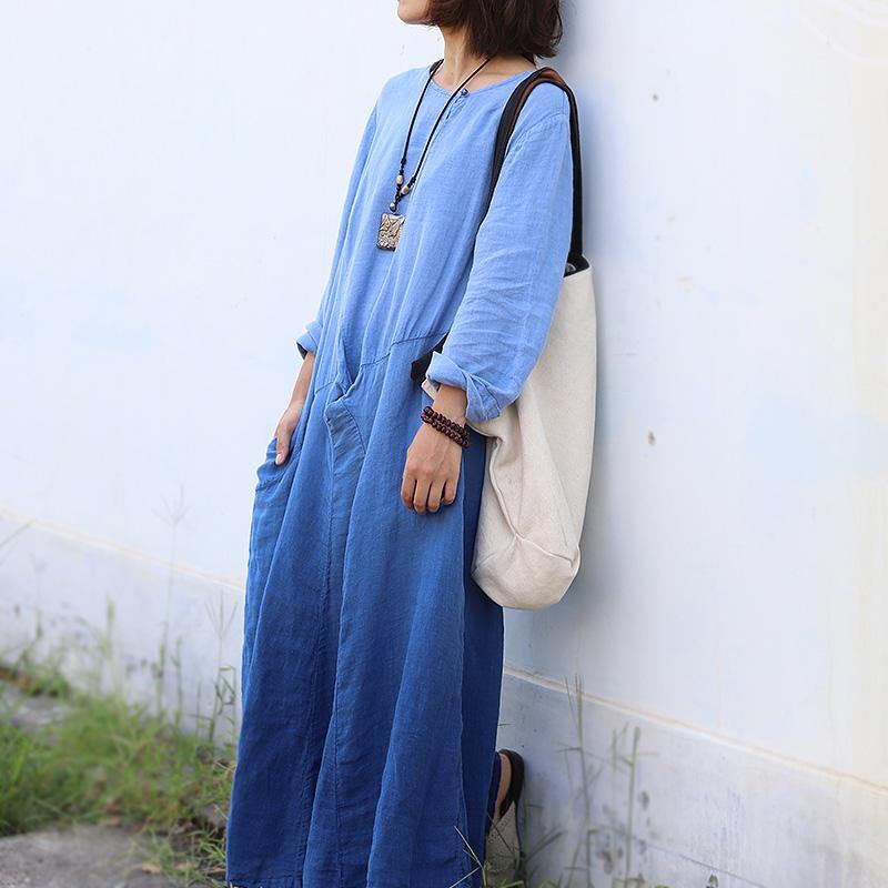 Organic o neck patchwork cotton linen spring quilting dresses Tutorials blue Dresses - Omychic