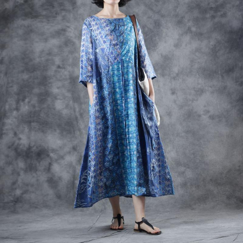 Organic o neck pockets linen clothes Catwalk blue print Dresses summer - Omychic