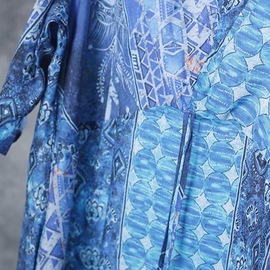 Organic o neck pockets linen clothes Catwalk blue print Dresses summer - Omychic