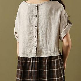 Organic o neck pockets linen cotton tunic pattern design chocolate Plaid Dress summer - Omychic