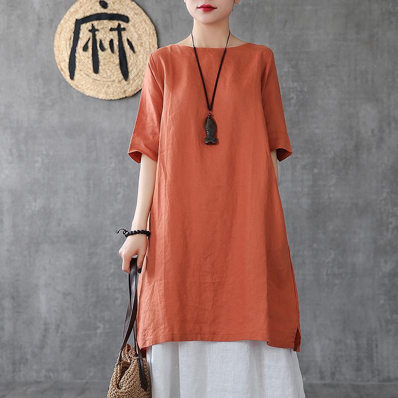 Organic o neck pockets linen dresses Inspiration orange Dress summer - Omychic