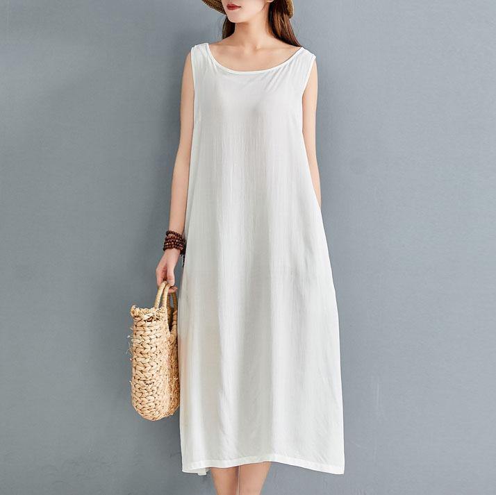 Organic o neck sleeveless linen dress Outfits white Dress summer - Omychic